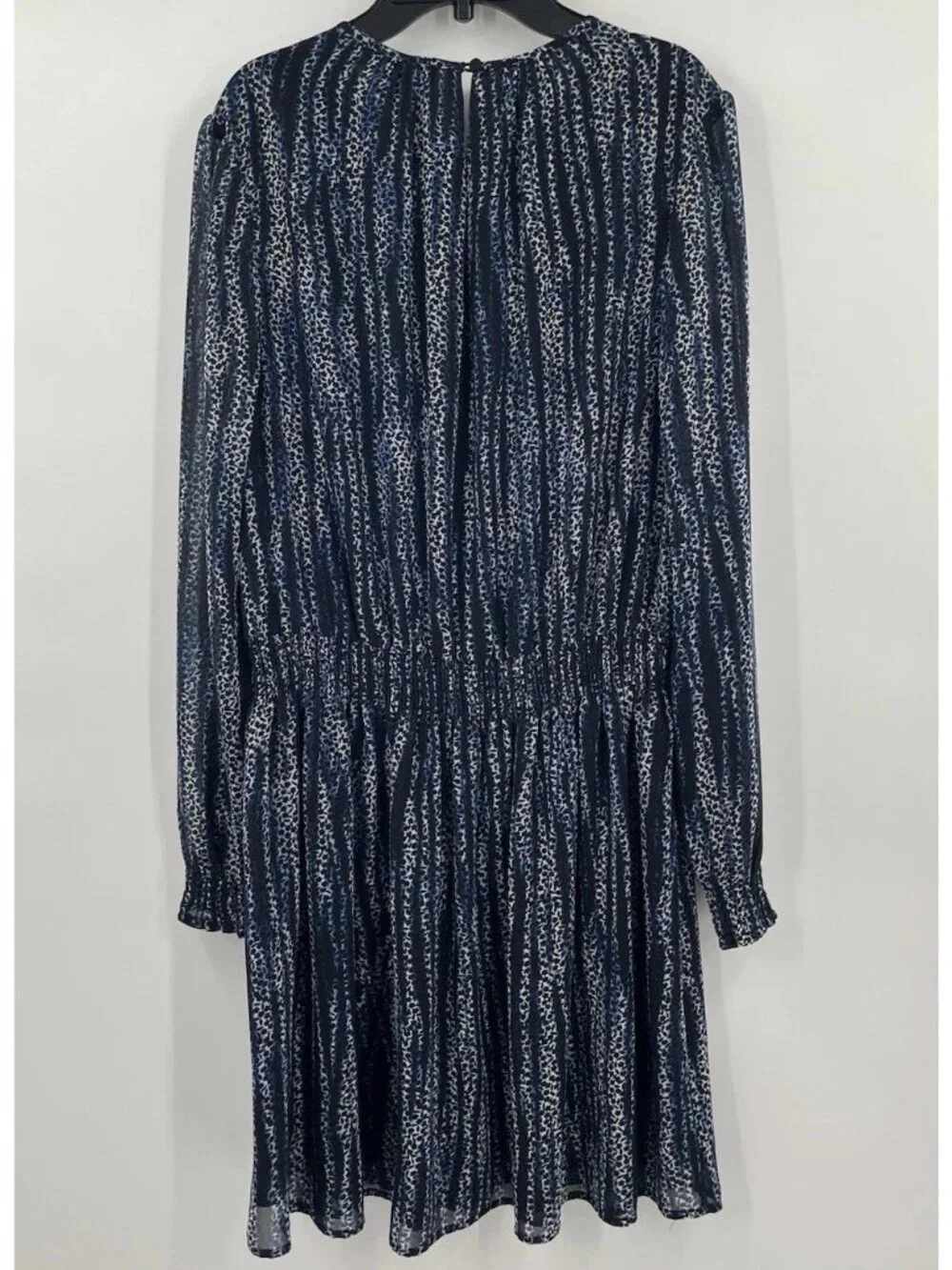 Michael Kors Georgette Smocked Lined Dress Printed Long Sleeve Womens Large Navy
